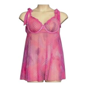 Torrid Curvy Womens Nightie Size 1 Pink Purple Heart Mesh Babydoll Lingerie